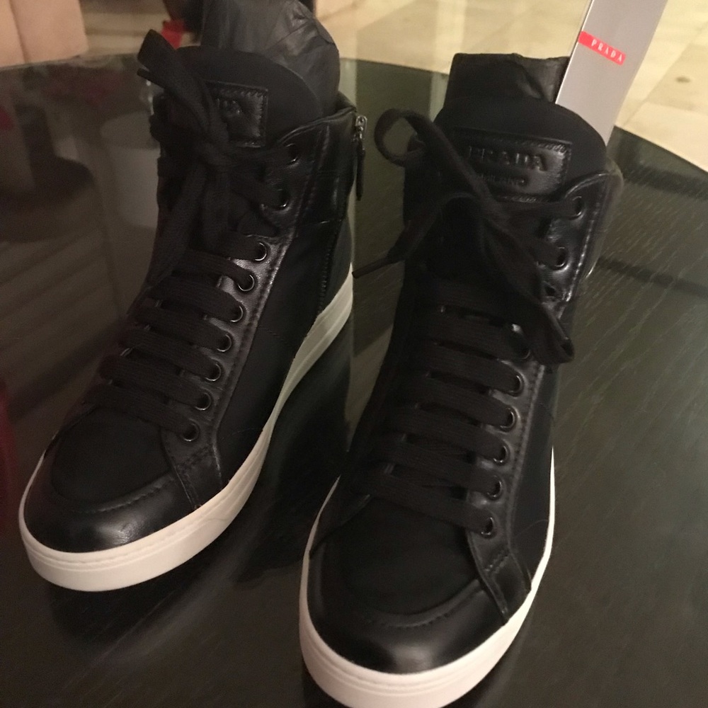 💯 Authentic Prada black nylon/leather high tops